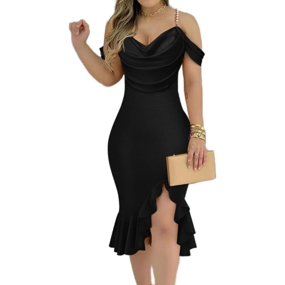 Women Sexy Body con Black Dress Off Shoulder Pearl Strap Midi Ruffle Cocktail
